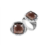 Handmade sterling silver Balinese ring with cushion-cut Smoky Topaz Quartz in deep brown hues.